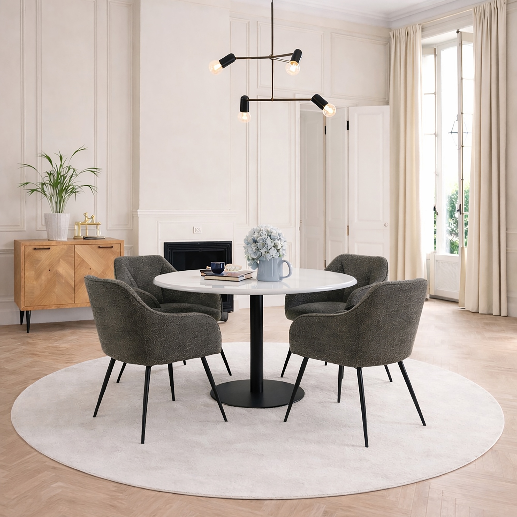 TRENTON Round White Marble Top and Black Base Dining Table with 4 Brooke Armchairs - Taupe