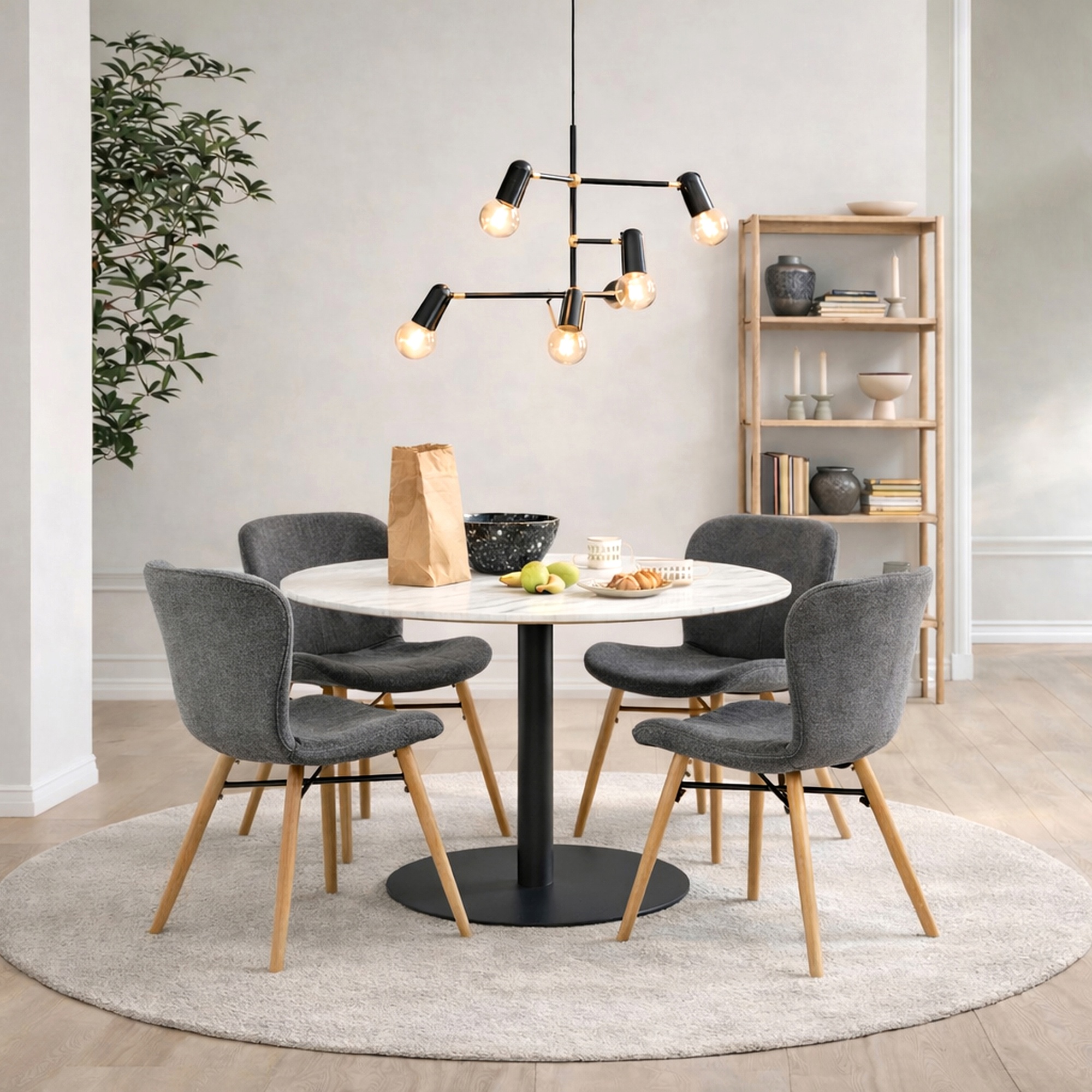 TRENTON Round White Marble Top and Black Base Dining Table with 4 Batilda Chairs - Grey with Oak