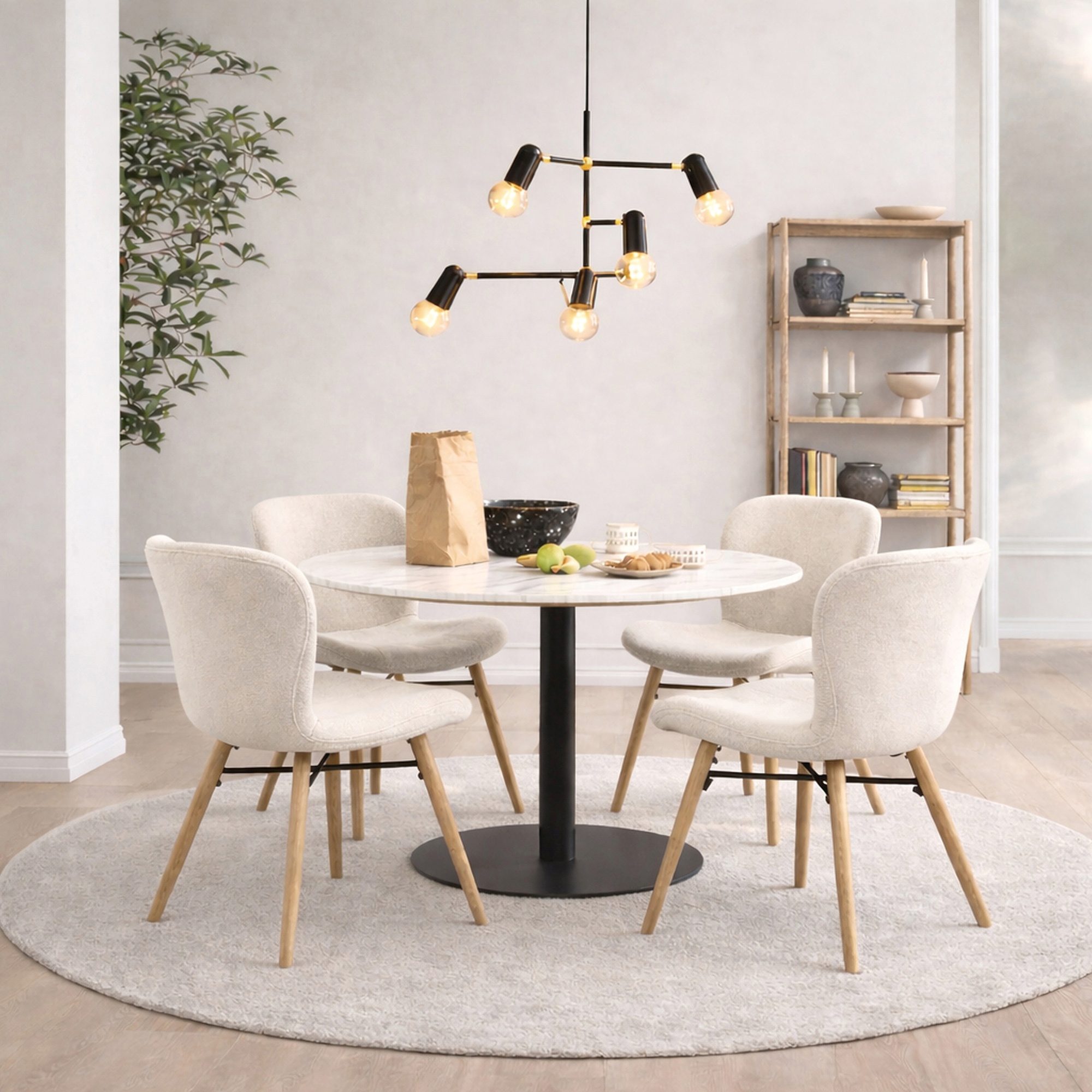TRENTON Round White Marble Top and Black Base Dining Table with 4 Batilda Chairs - Cream with Oak