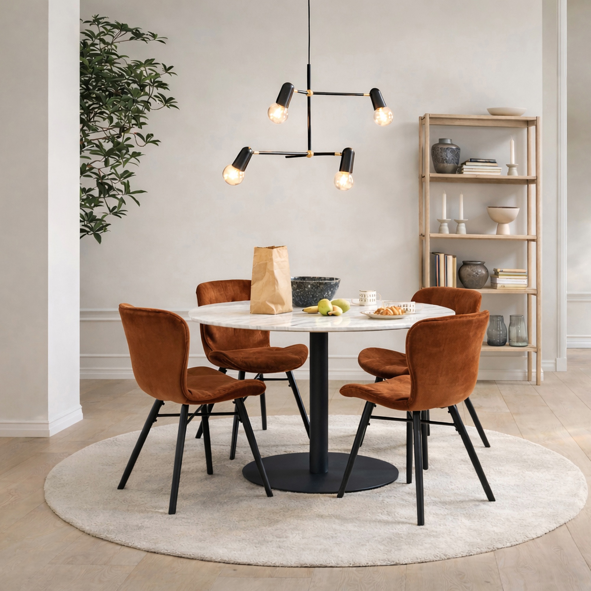 TRENTON Round White Marble Top and Black Base Dining Table with 4 Batilda Chairs - Copper