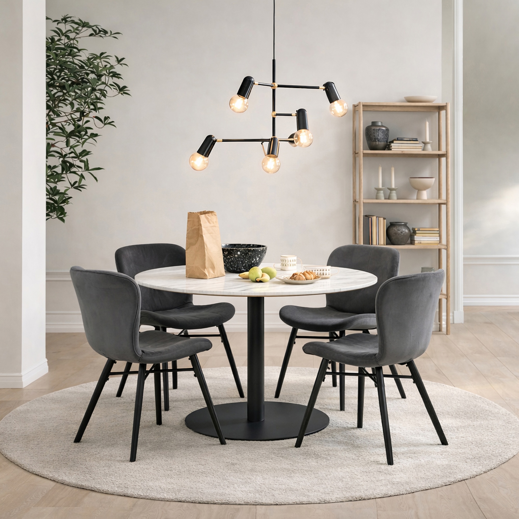 TRENTON Round White Marble Top and Black Base Dining Table with 4 Batilda Chairs - Dark Grey