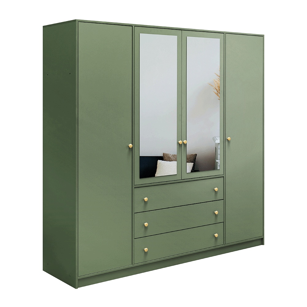 ELVIRO 4 Door Mirrored Wardrobe with 3 Drawers Green - 196cm