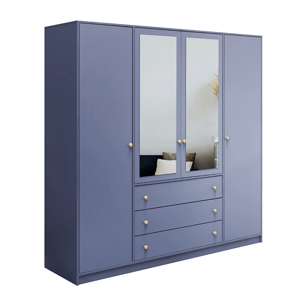 ELVIRO 4 Door Mirrored Wardrobe with 3 Drawers Blue - 196cm