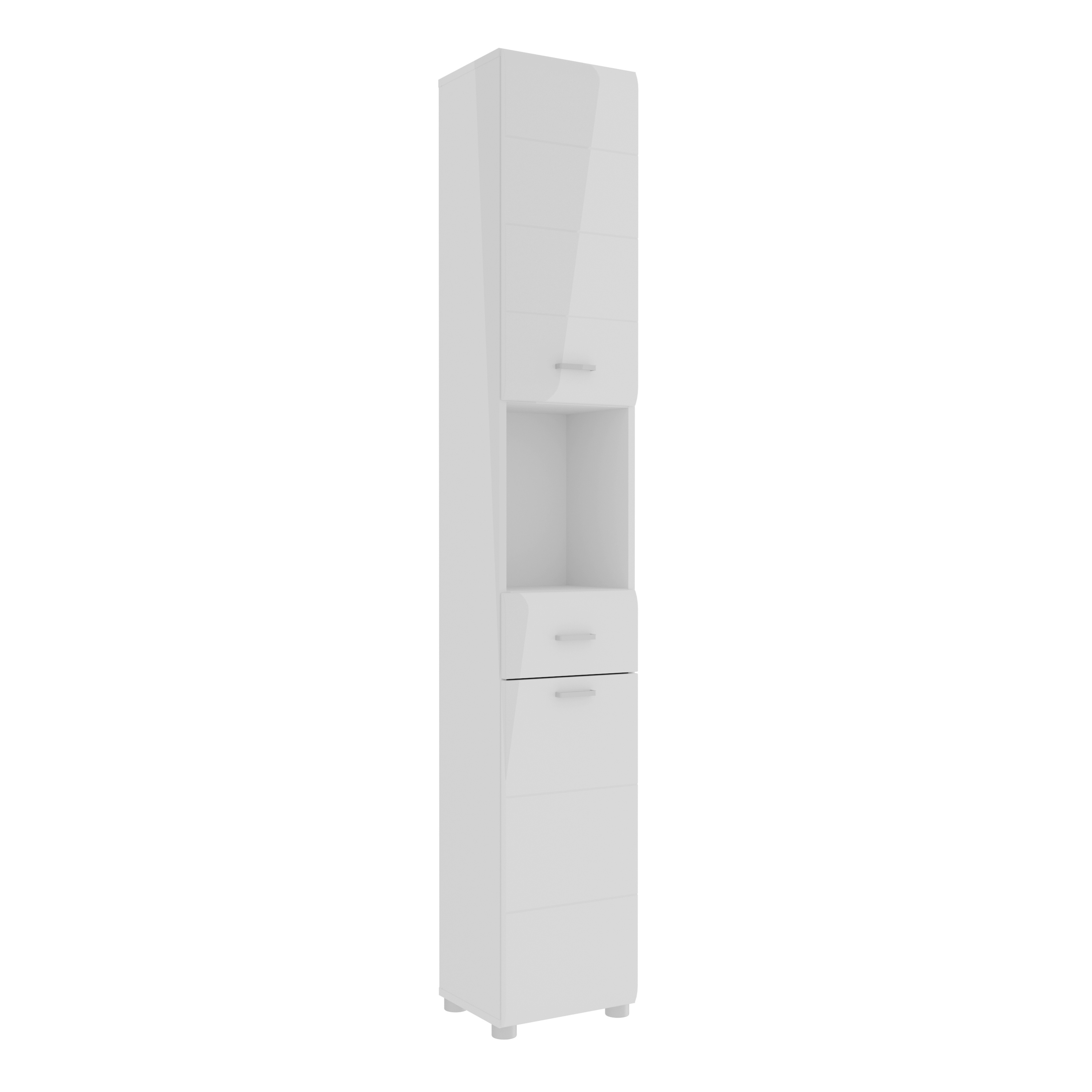 FROSTIC Narrow Bathroom Storage Cabinet with 2 Doors and 1 Drawer, Silver Handles - White High Gloss