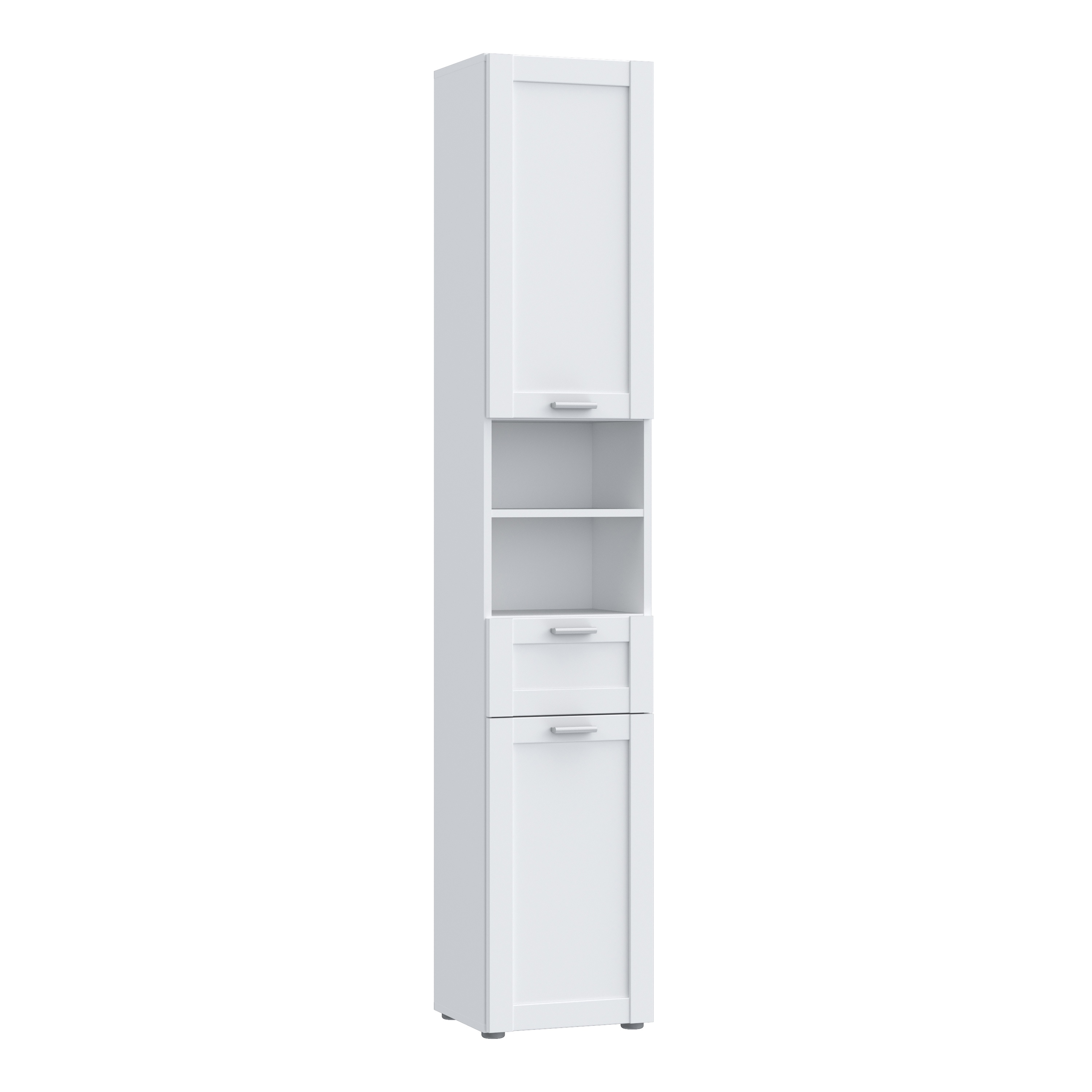 LOKARA Tall Narrow Bathroom Storage Cabinet with 2 Doors and 1 Drawer, Silver Handles - White