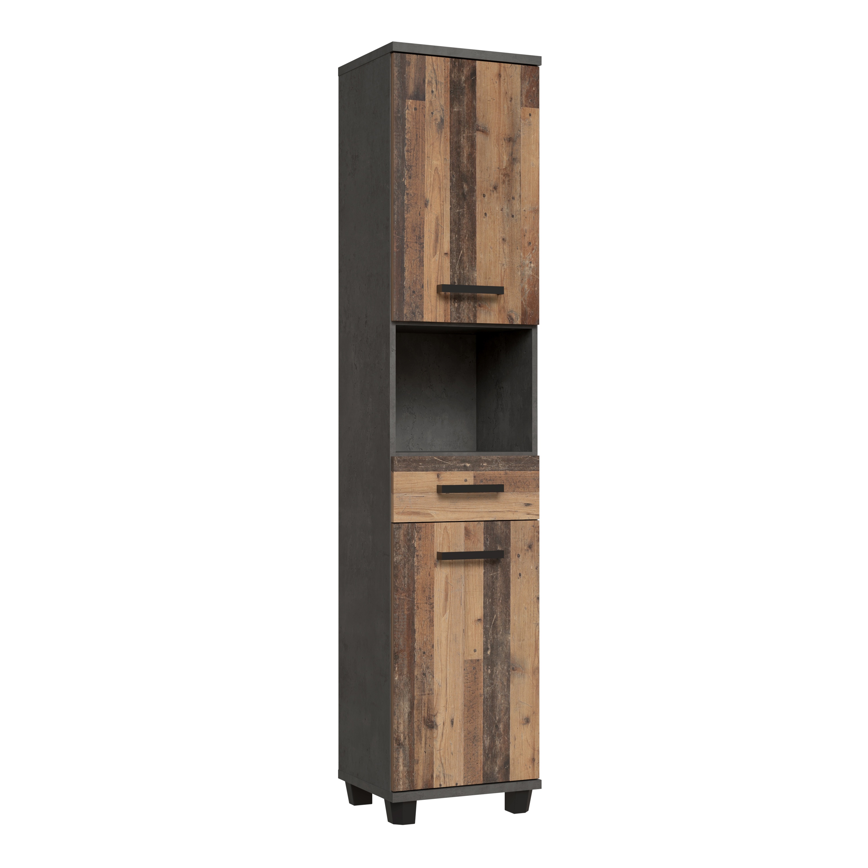 VERDON Tall Narrow Bathroom Storage Cabinet with 2 Doors and 1 Drawer - Walnut with Dark Grey
