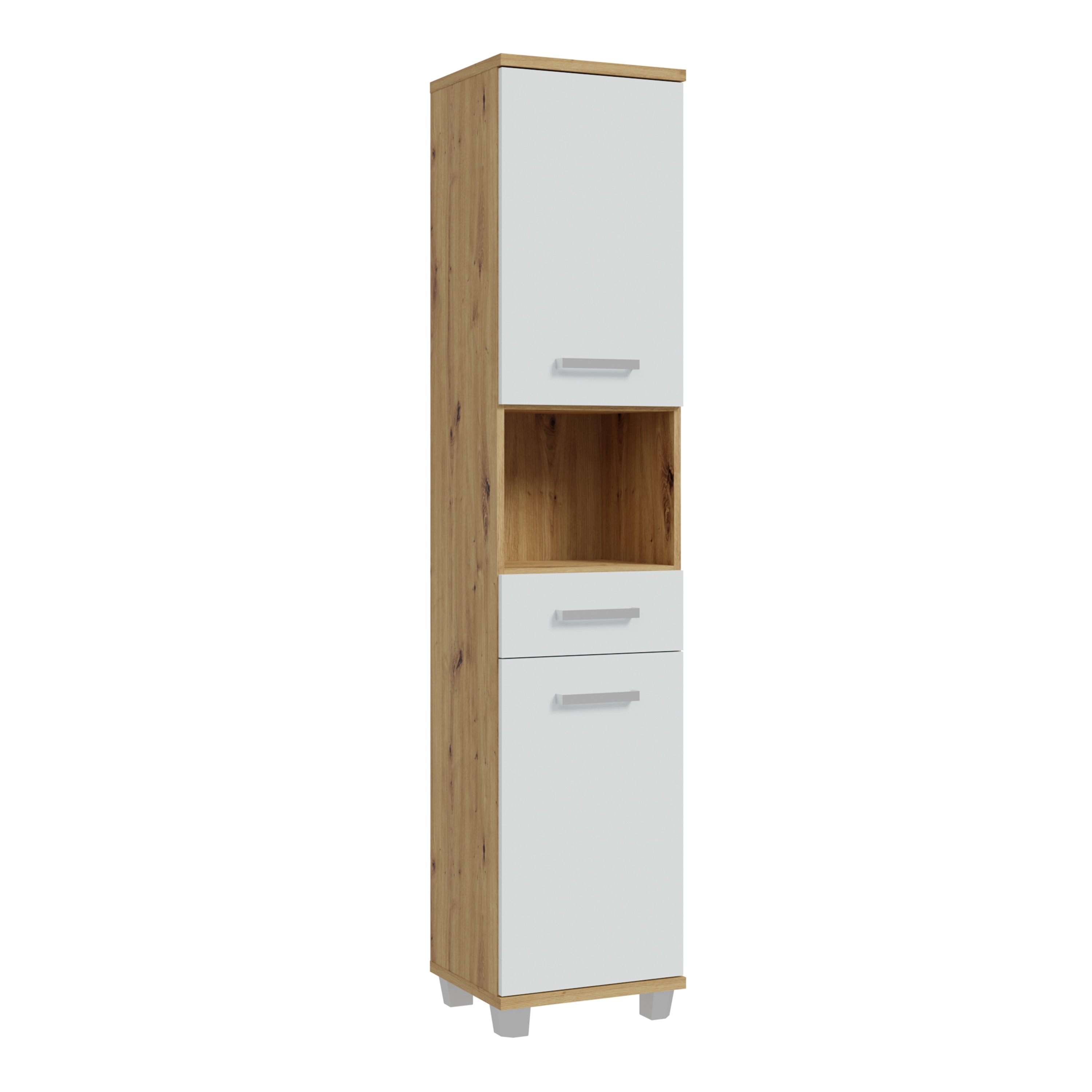 VERDON Tall Narrow Bathroom Storage Cabinet with 2 Doors and 1 Drawer - Artisan Oak with Light Grey