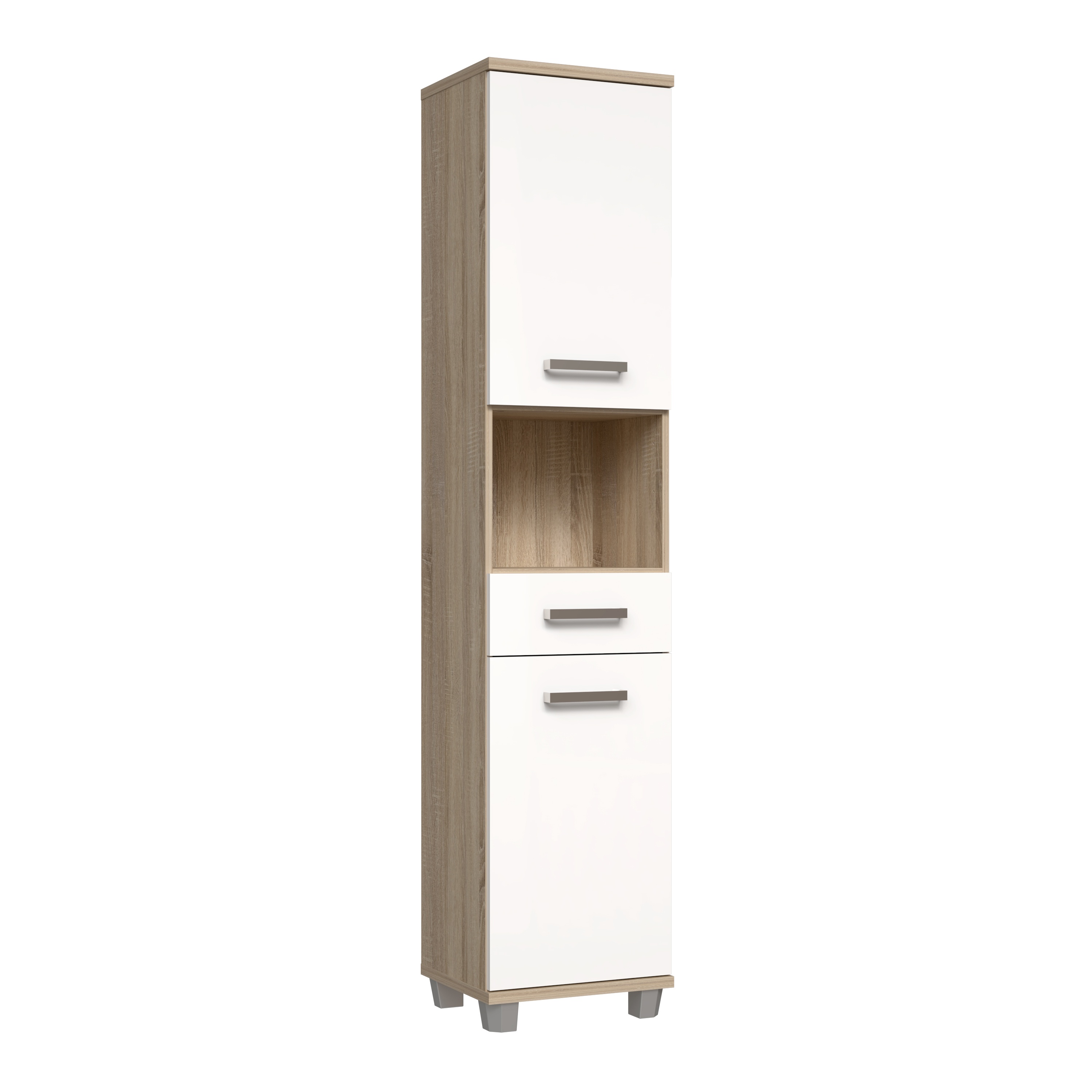 VERDON Tall Narrow Bathroom Storage Cabinet with 2 Doors and 1 Drawer - Sonoma Oak with White High Gloss