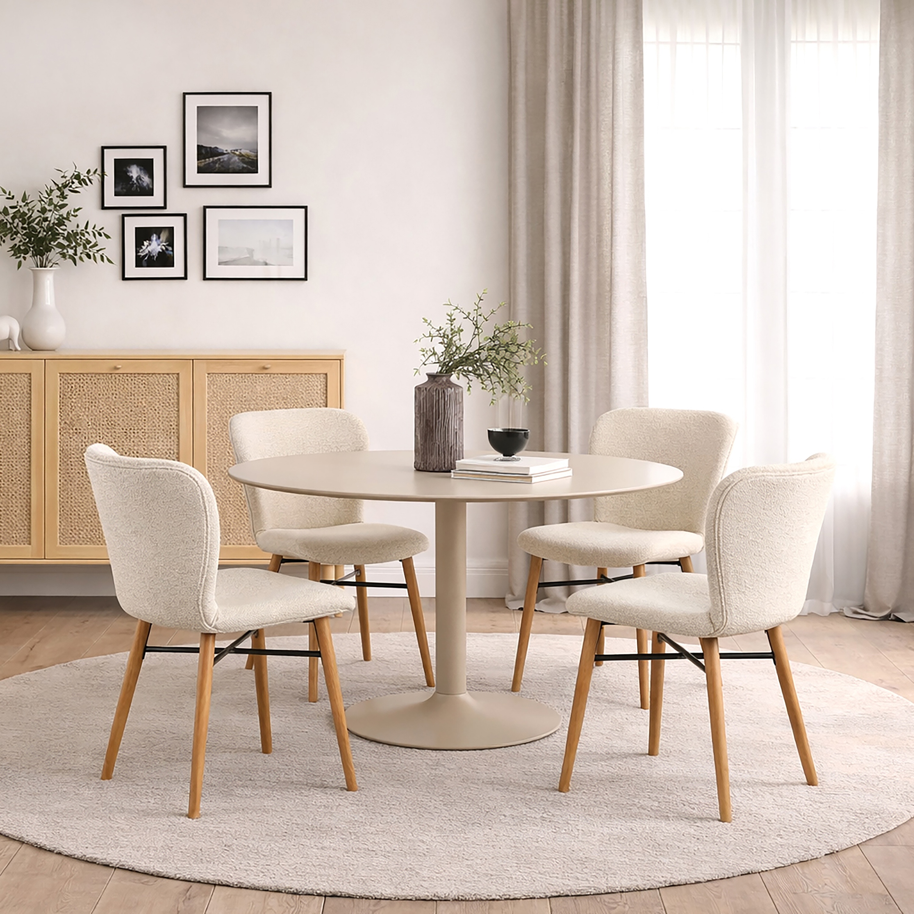 HARVINE Round Dining Table Set with 4 Batilda Dining Chairs - Cream with Oak