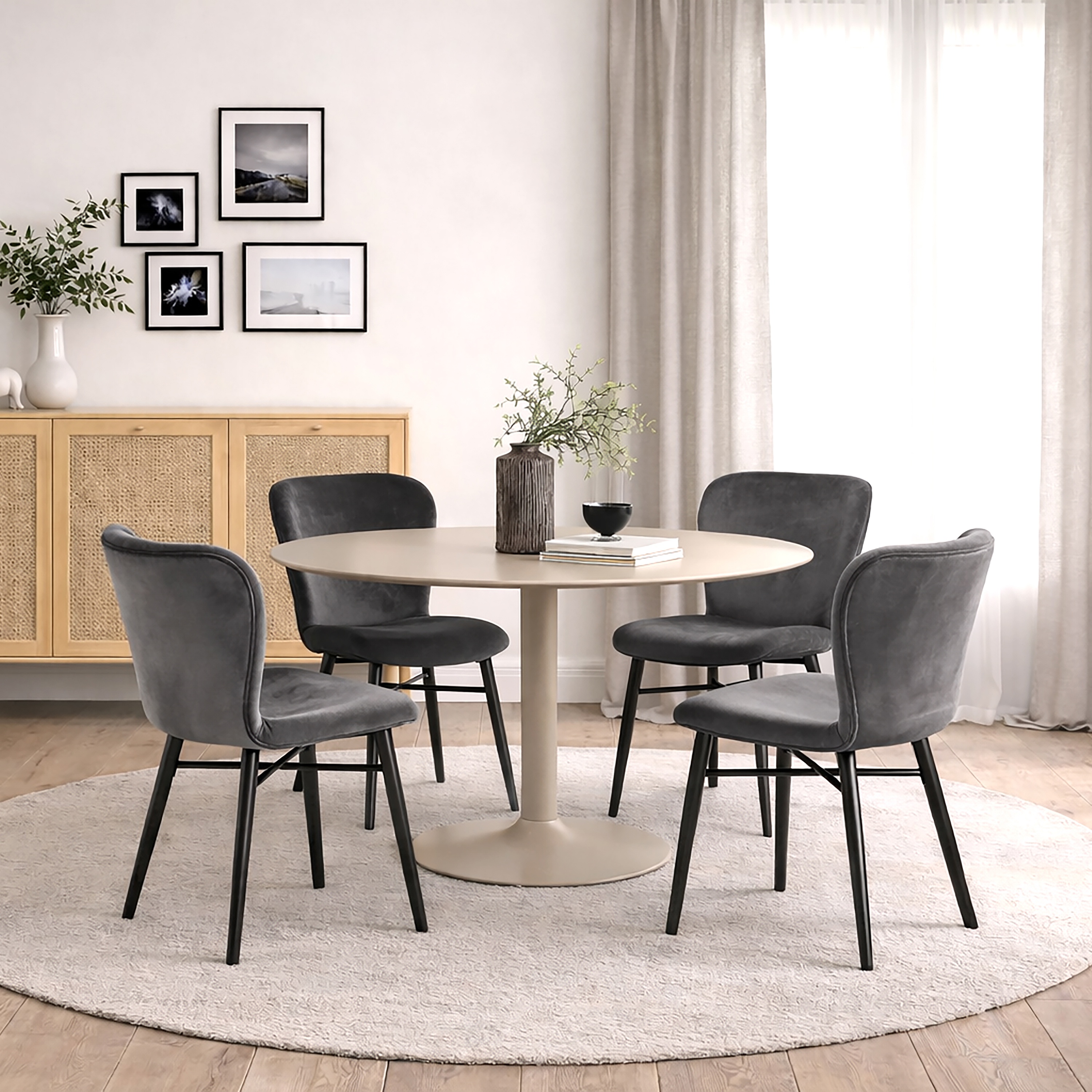 HARVINE Round Dining Table Set with 4 Batilda Dining Chairs - Dark Grey