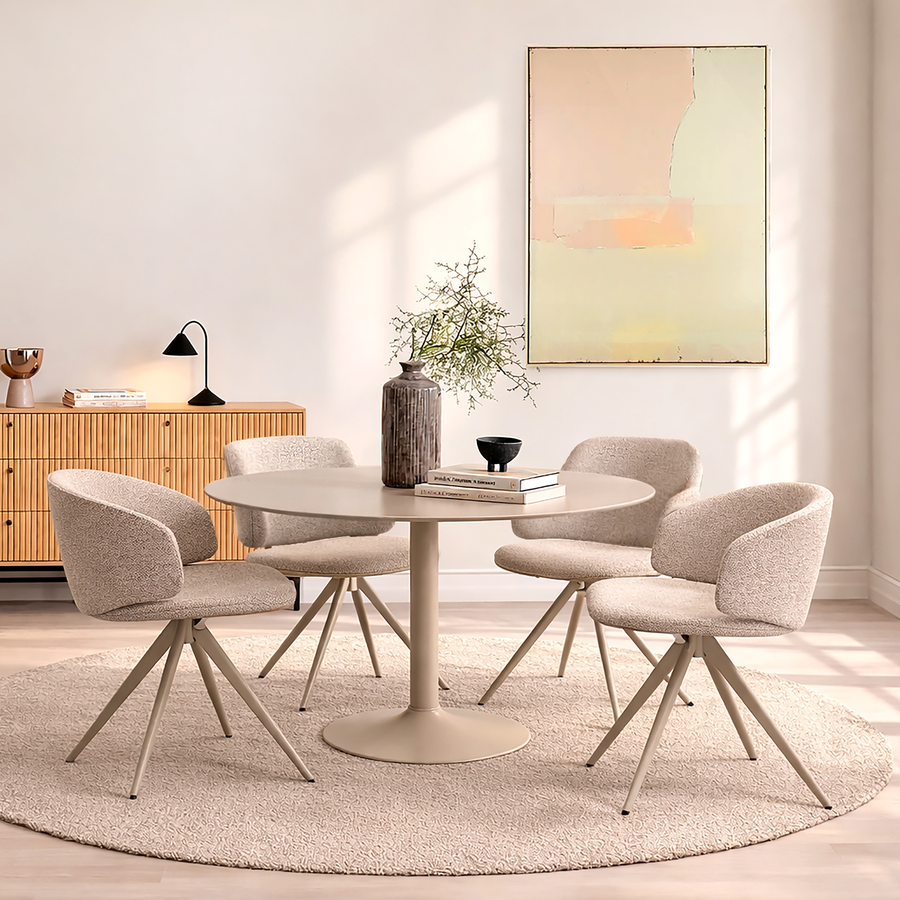 HARVINE Round Dining Table Set with 4 Ella Swivel Dining Chairs - Cream