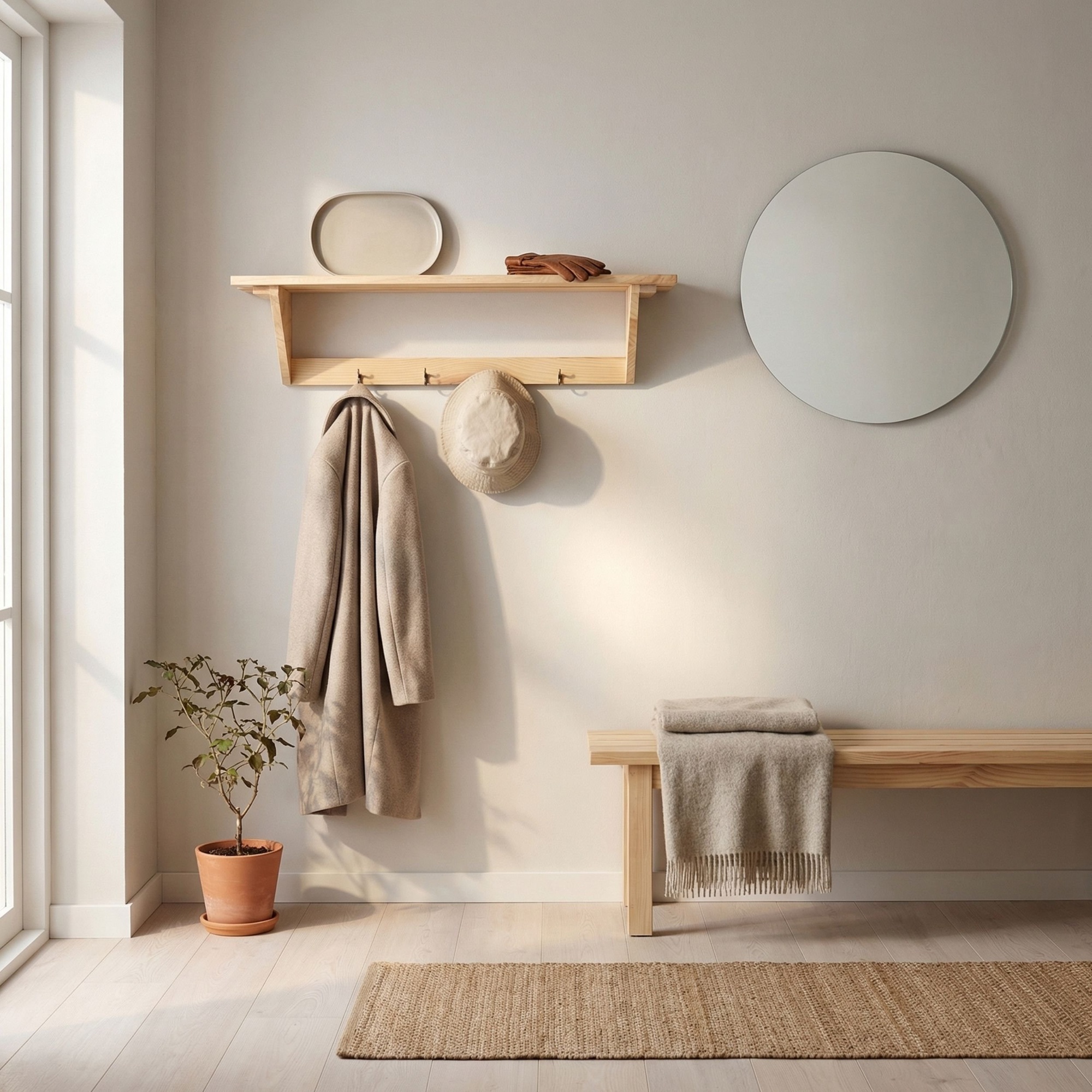 CHUNK Hat and Coat Shelf Kit with 4 Hooks - Light Wood