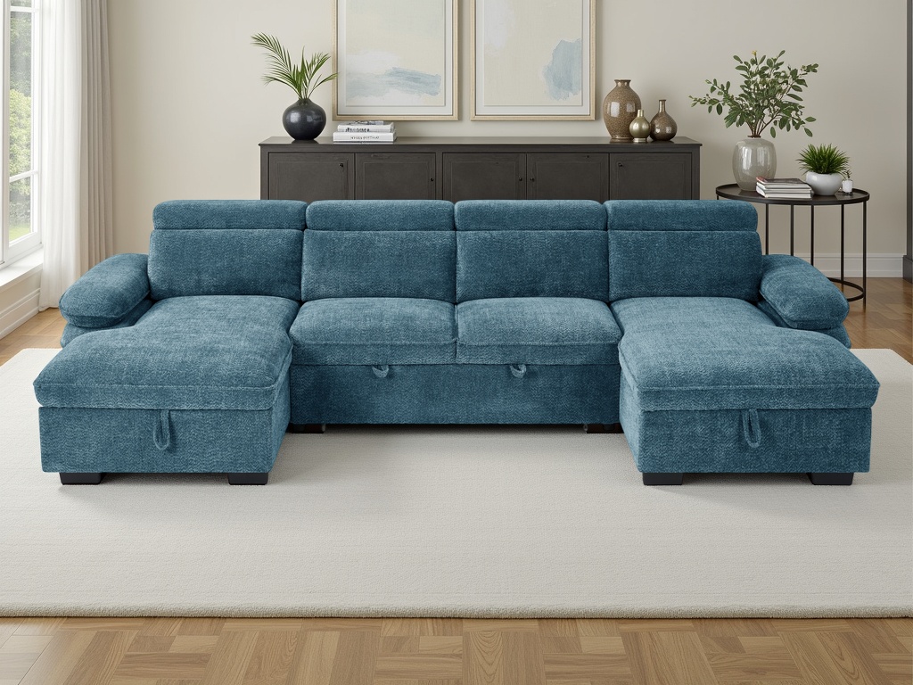 GREYMERE Fabric 4 Seater U Shaped Corner Sofa Bed - Blue