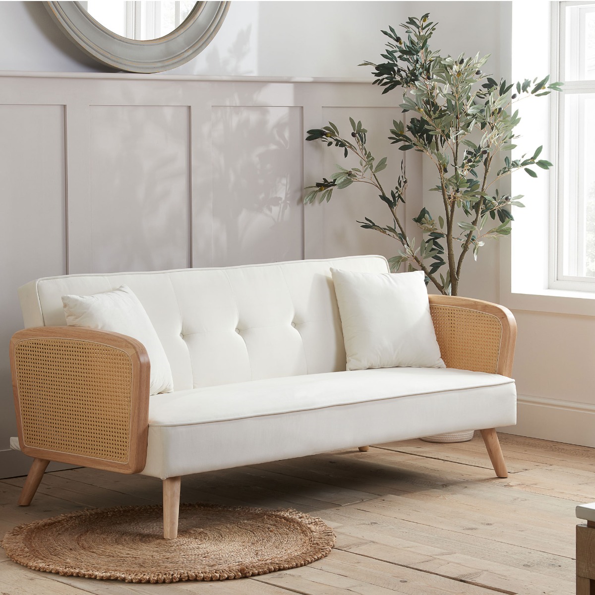 Dungey Durable Rattan Plush Button Tufted Cushion Sofa Bed - White