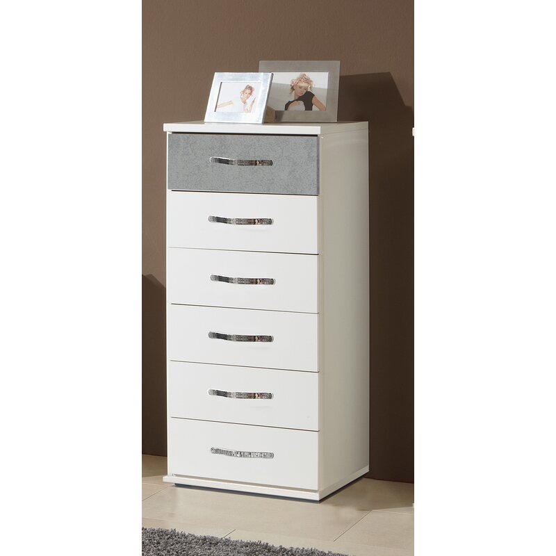 DAYTON White Chest of Drawers - Tallboy, Medium-sized, 6 Drawers