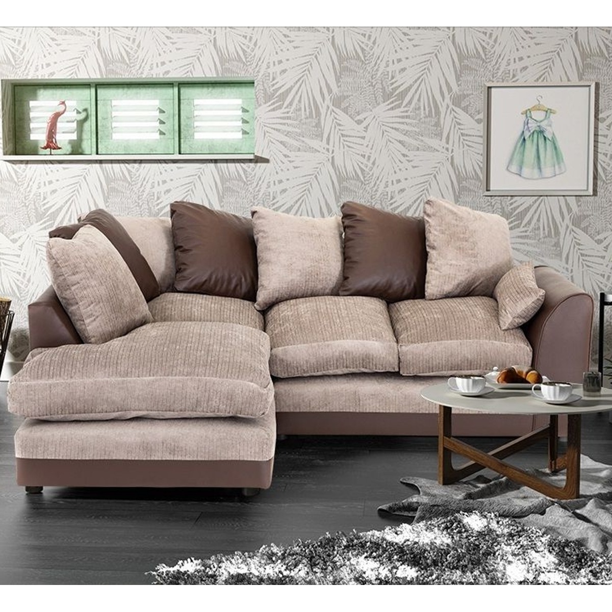 DYLAN Chenille Fabric 4 Seater Corner Sofa - L Shaped - Left Hand Facing - Brown and Beige