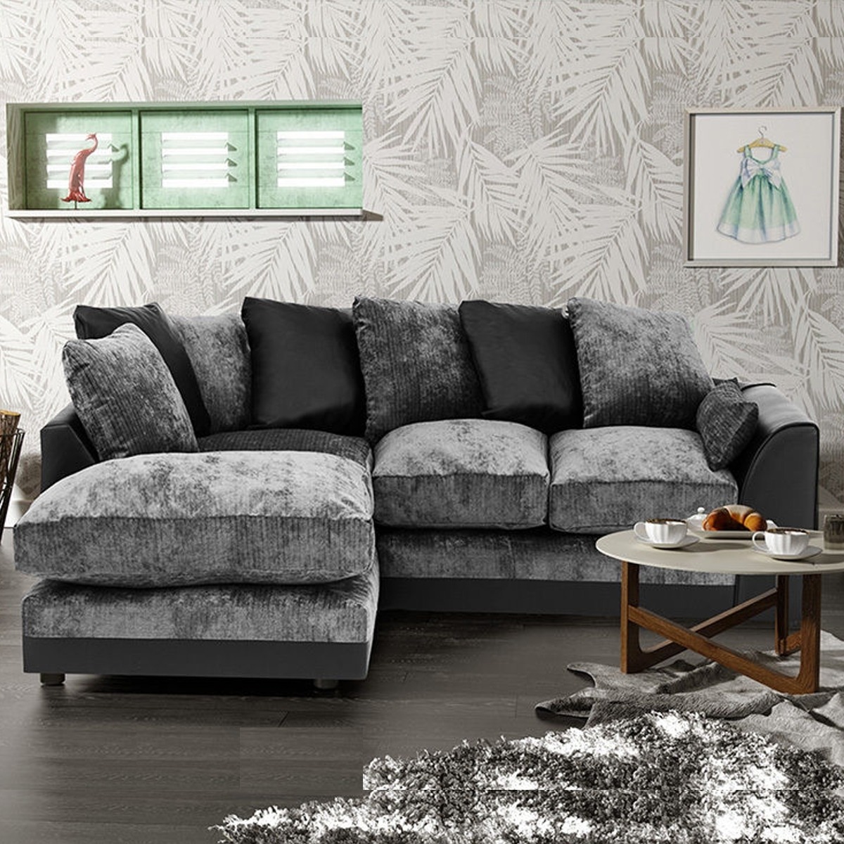 DYLAN Chenille Fabric 4 Seater Corner Sofa - L Shaped - Left Hand Facing - Black and Grey