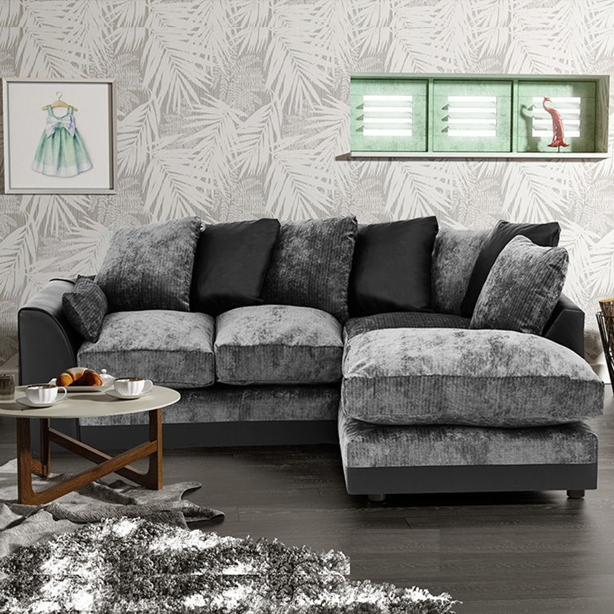 DYLAN Chenille Fabric 4 Seater Corner Sofa - L Shaped - Right Hand Facing - Black and Grey