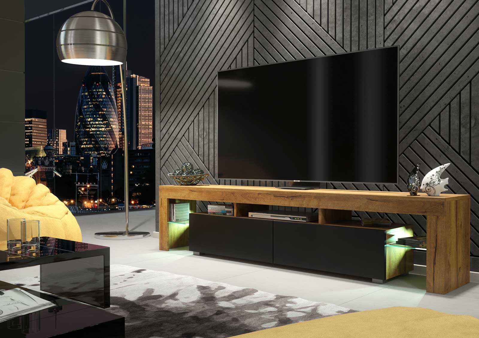 Modern TV Unit Cabinet Sideboard with Free LED Lighting and Ample Storage 200cm - Oak and Black