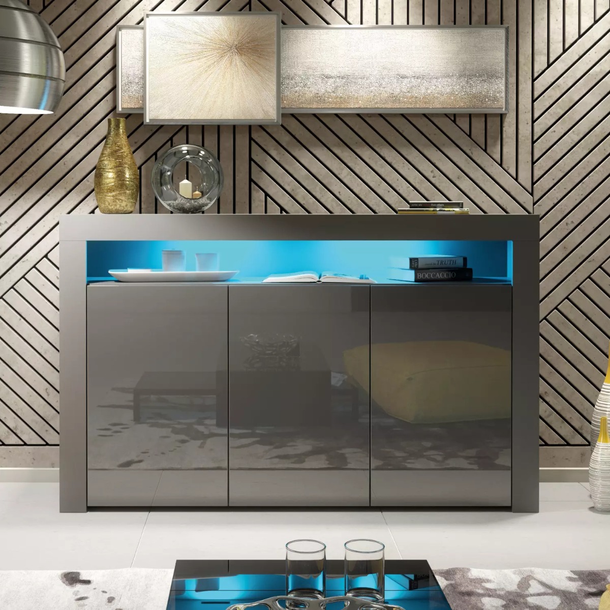 TV Unit Sideboard Cabinet with 3 Doors Storage and Free LED Lighting 155cm - Dark Grey