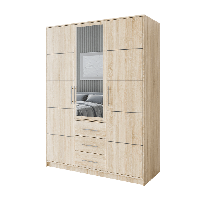 BARNSLEY 3 Door Mirrored Wardrobe with 3 Drawers Oak Sonoma - 147cm