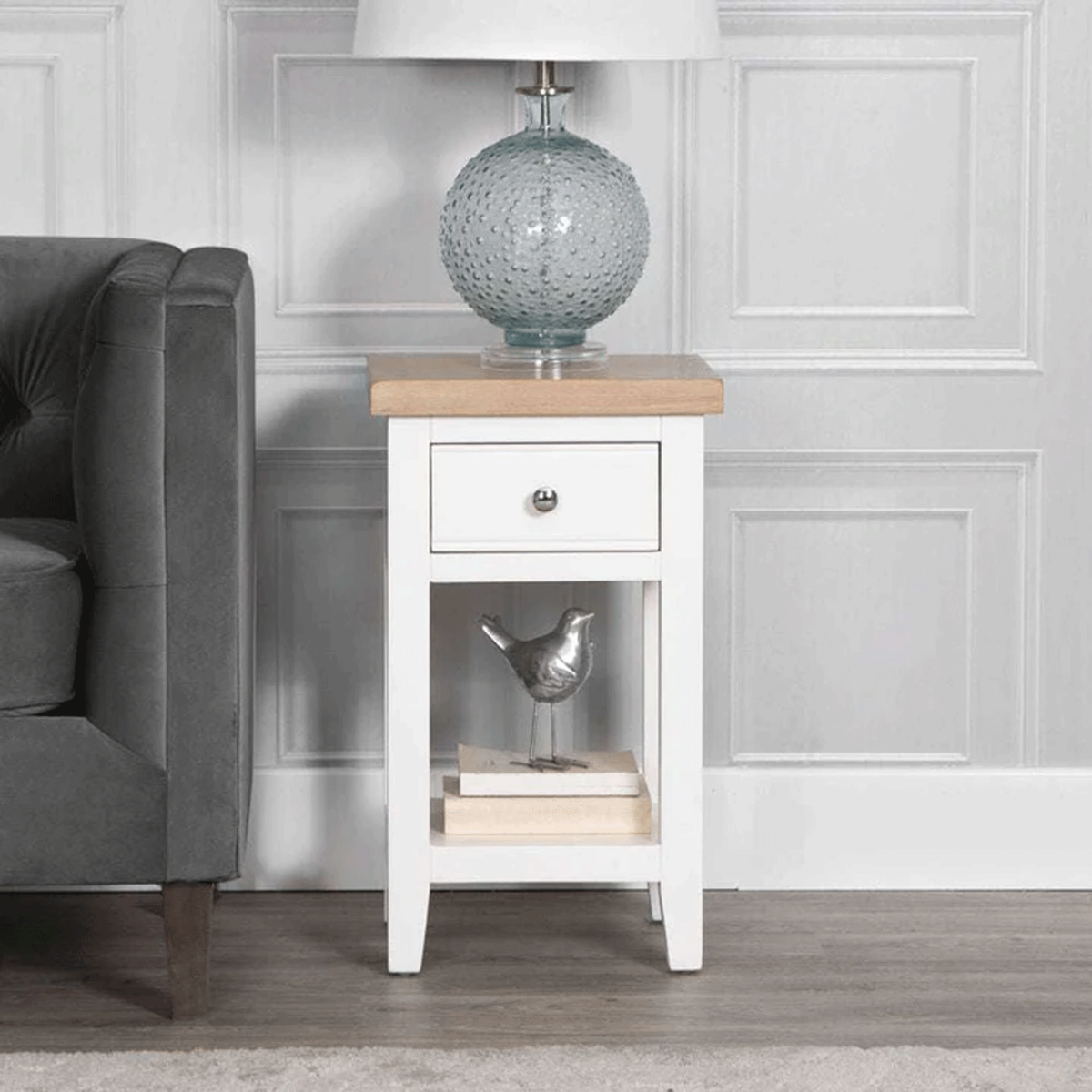 Quantum 1 Drawer Lamp Table with Oak Top - White