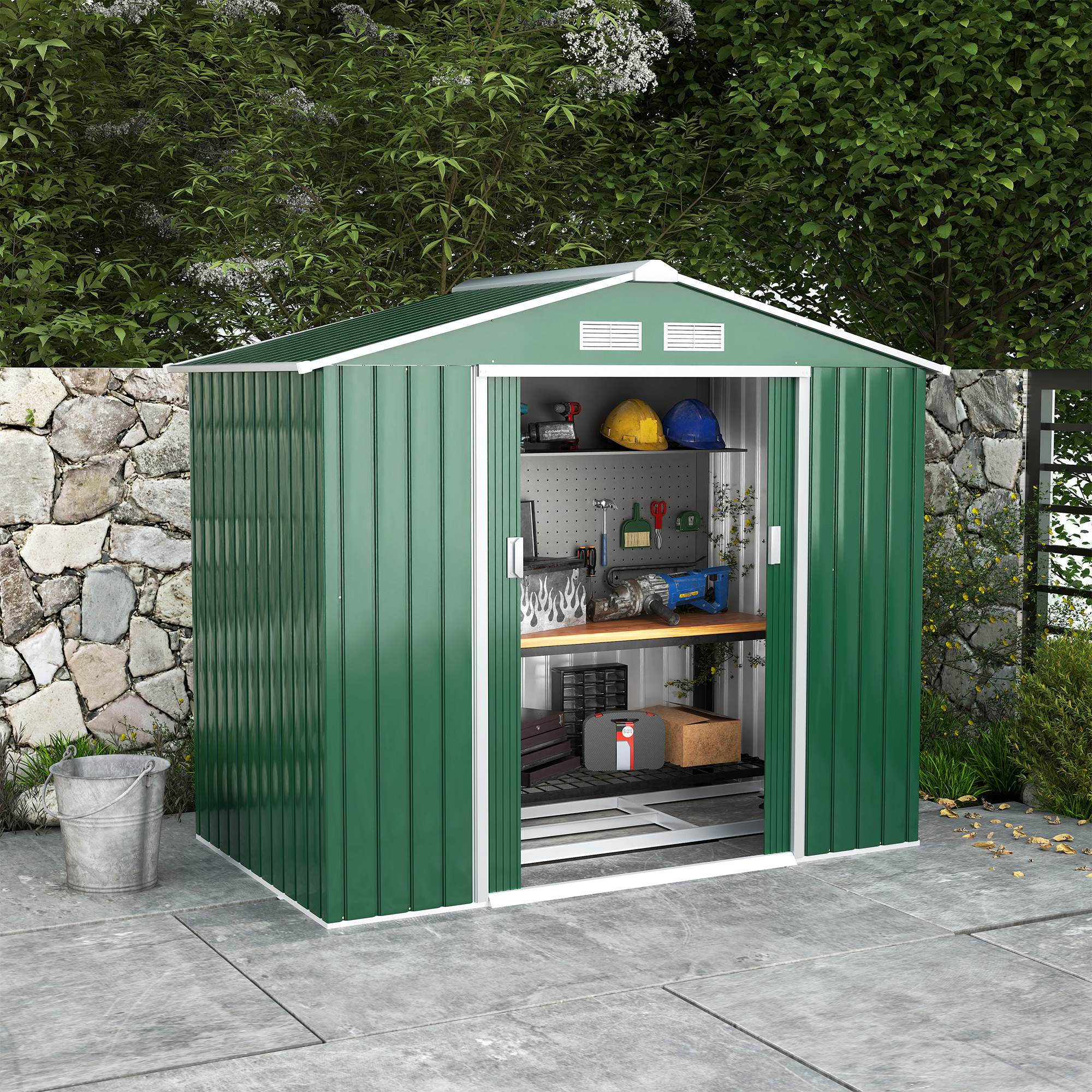 7ft x 4ft Lockable Garden Shed Large Patio Roofed Tool Metal Storage Building Foundation Sheds Box Outdoor Furniture, Green