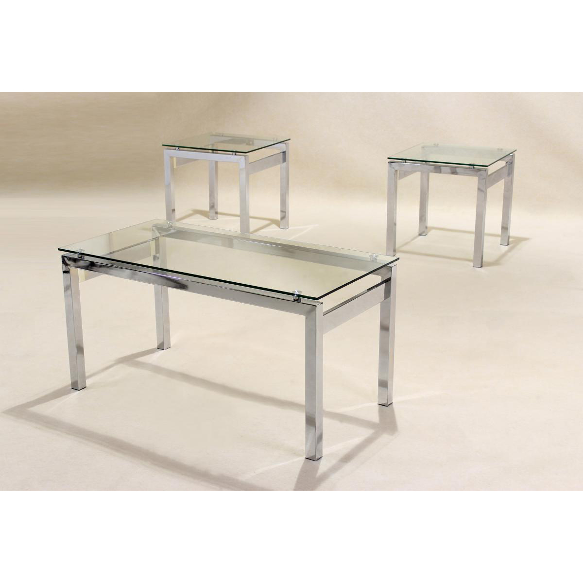 Clydebank Glass and Chrome Stainless Steel Occasional Coffee, Side Tables Set