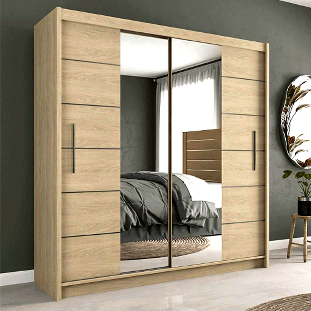 LUZERN 2 Door Mirrored Sliding Wardrobe Light Oak - 203cm