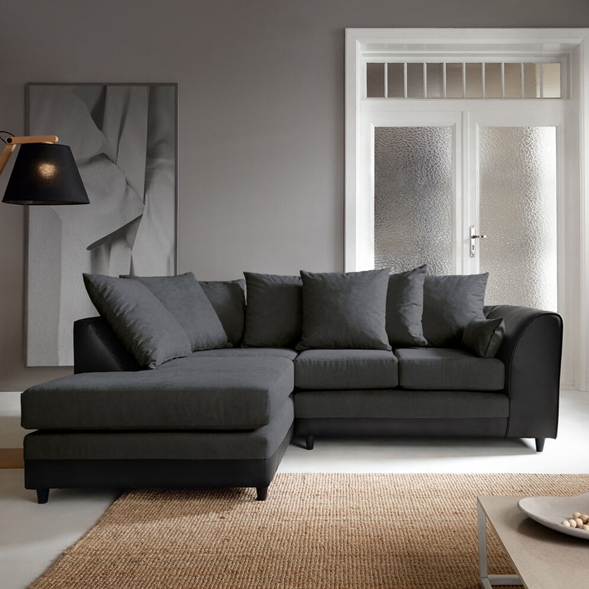 LINACRE Fabric 4 Seater L Shaped - Left Hand Facing Corner Sofa - Black and Charcoal