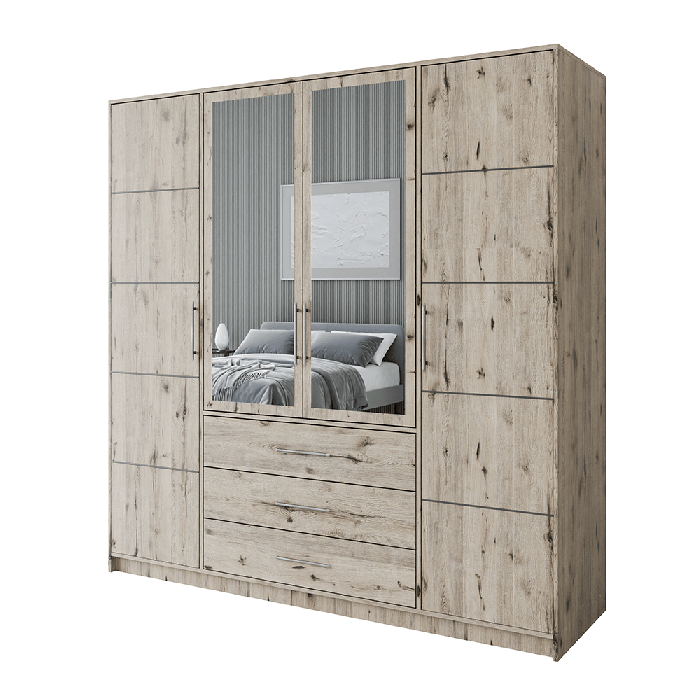 BARNSLEY 4 Door Mirrored Wardrobe with 3 Drawers Oak Wellington - 196cm