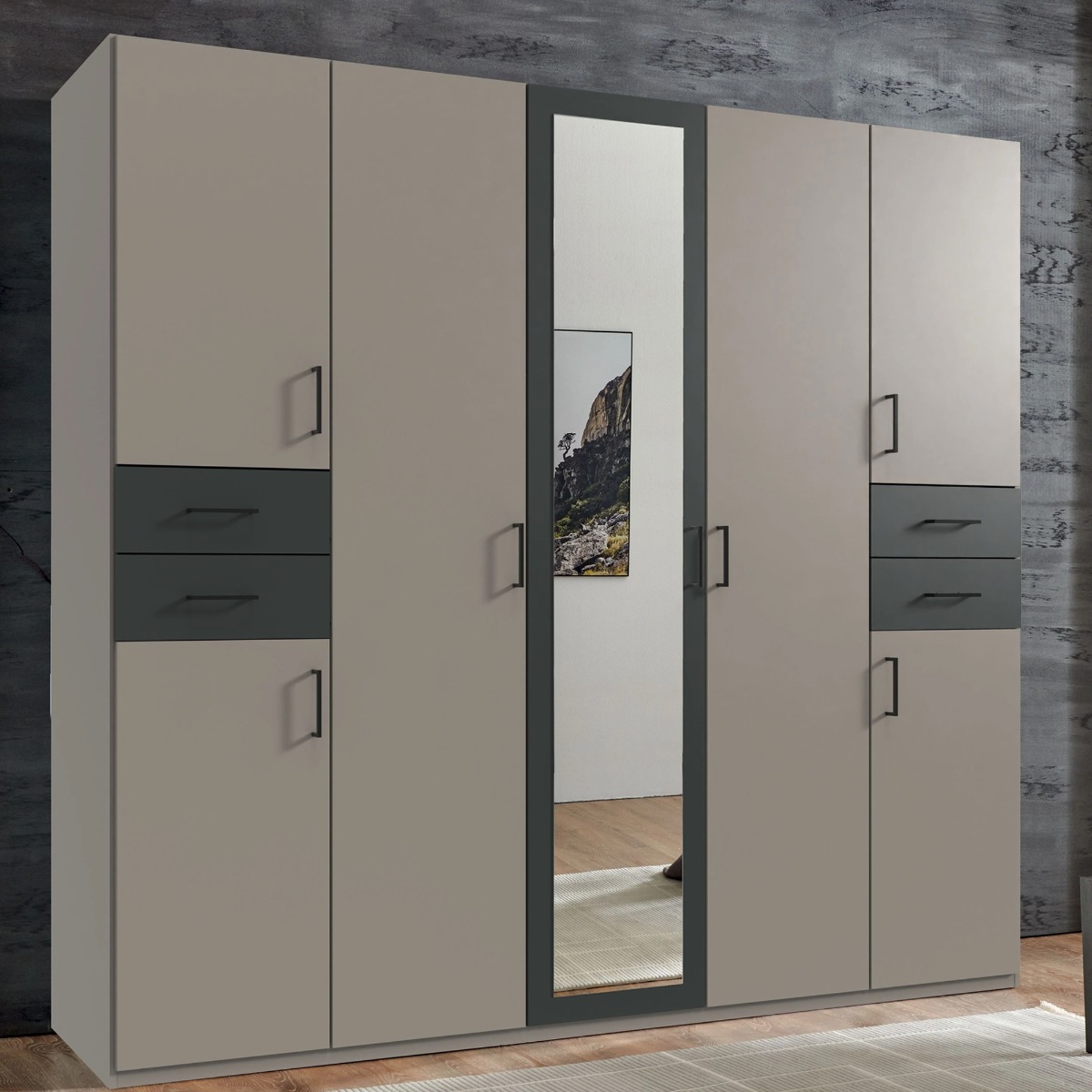 FENTON 5 Door Mirrored Wardrobe Grey - 225cm
