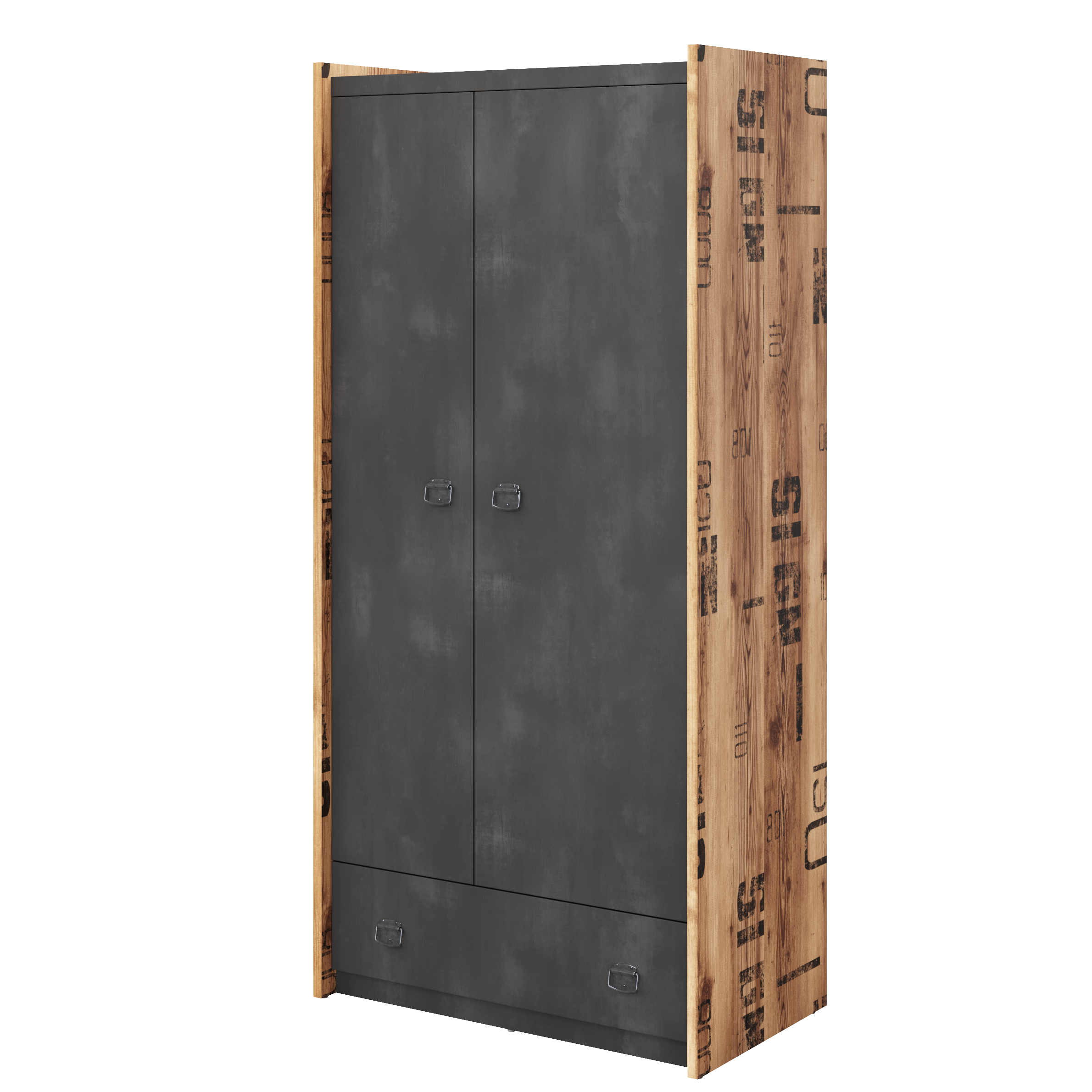 FERNIE 2 Door Wardrobe with 1 Drawer Grey and Oak - 90cm