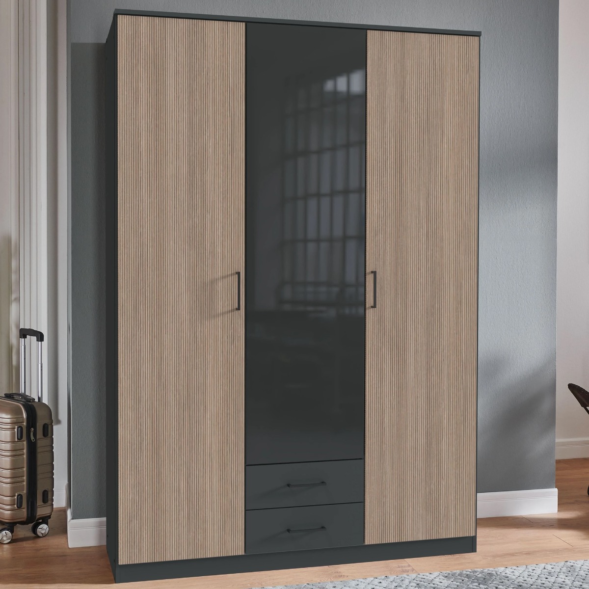FURIA 3 Door Wardrobe with 2 Drawers Grey - 135cm