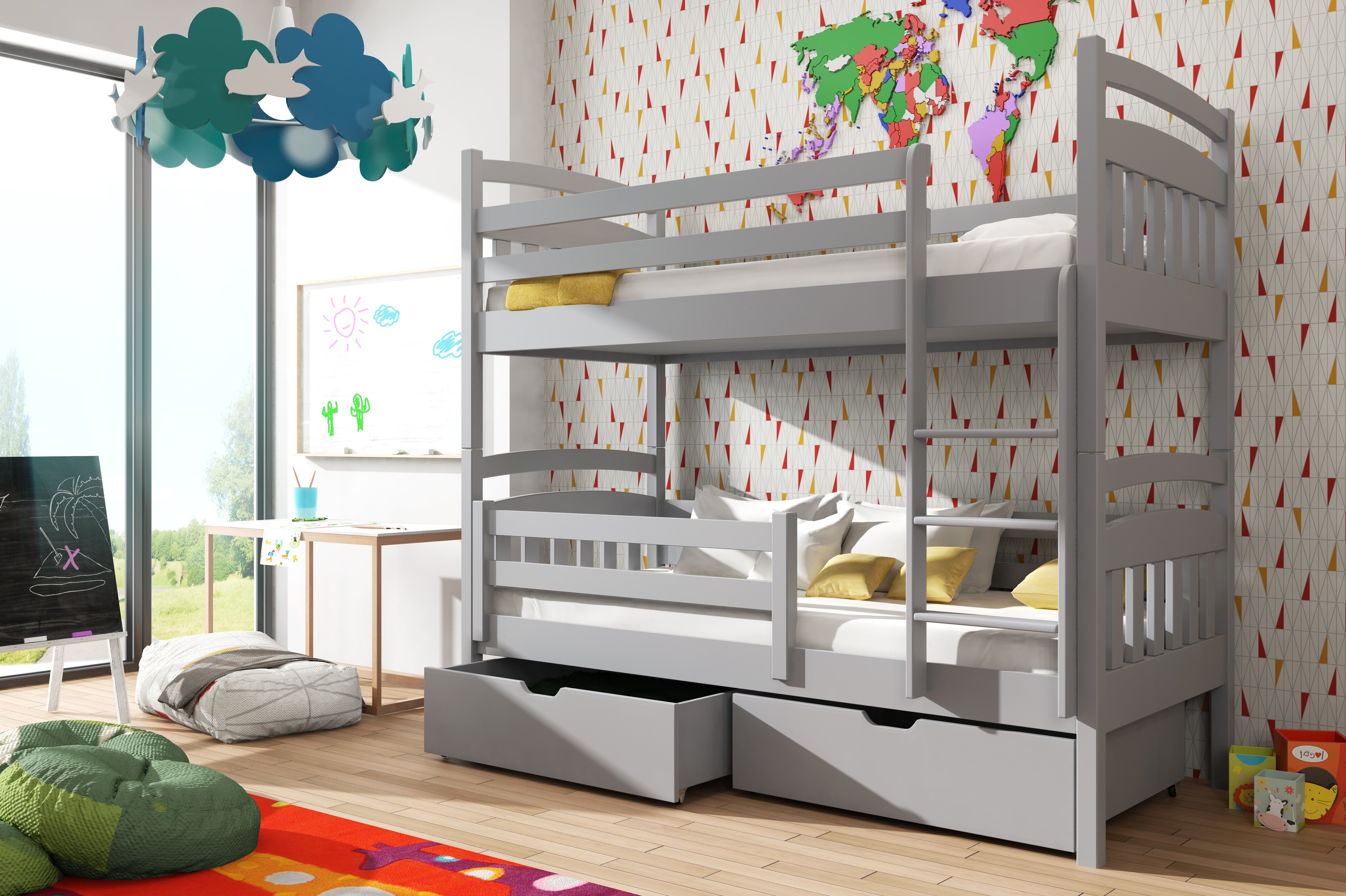 Gabby Wooden Kids Bunk Bed with Storage and Foam Mattress - Grey