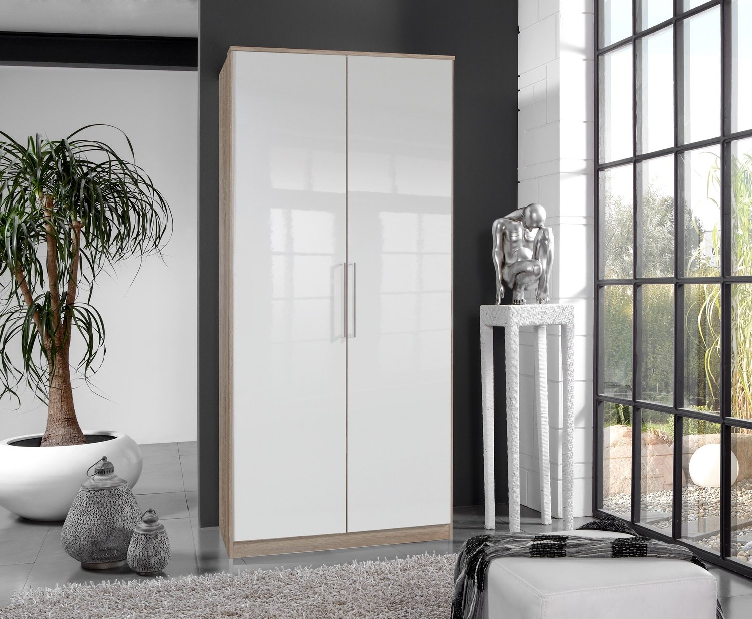 GEMA 2 Door Wardrobe Oak and White Gloss - 90cm