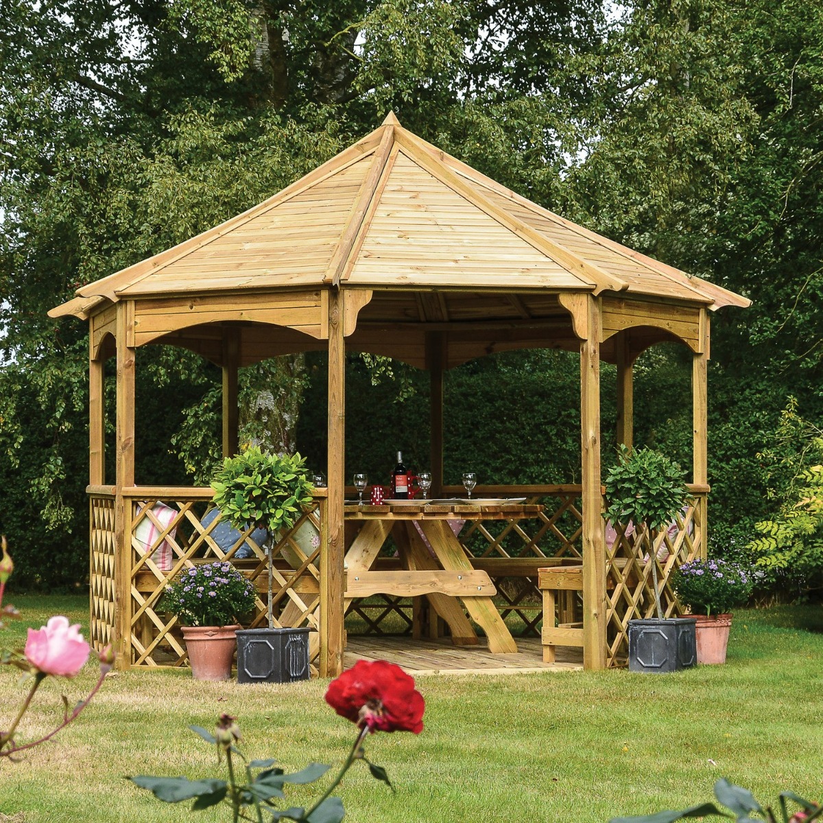 Sturdy and Elegant Garden Shelter Eight Sided Wooden Gazebo with Trellis Panels