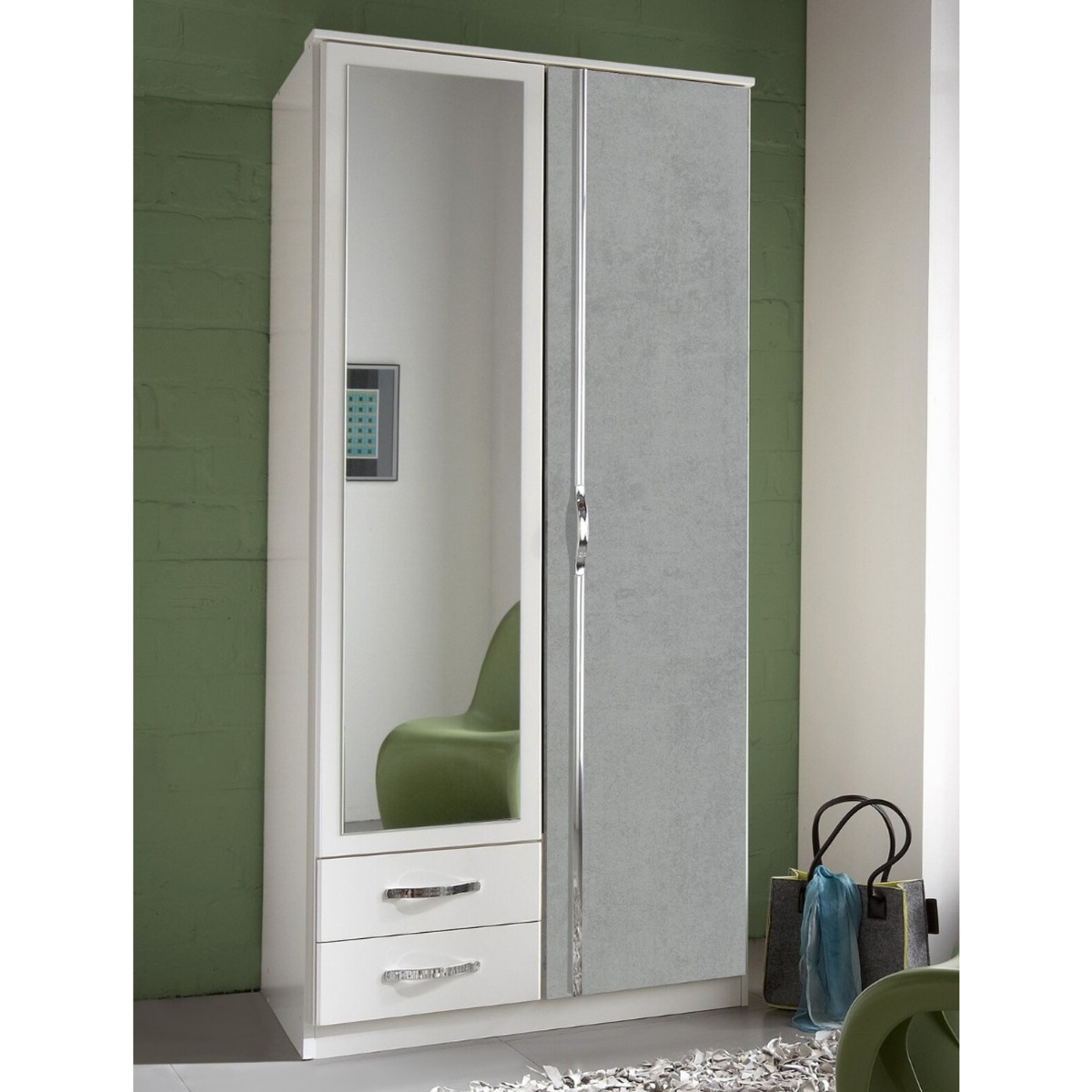 DAYTON 2 Door Mirrored Wardrobe with 2 Drawers White and Grey - 90cm