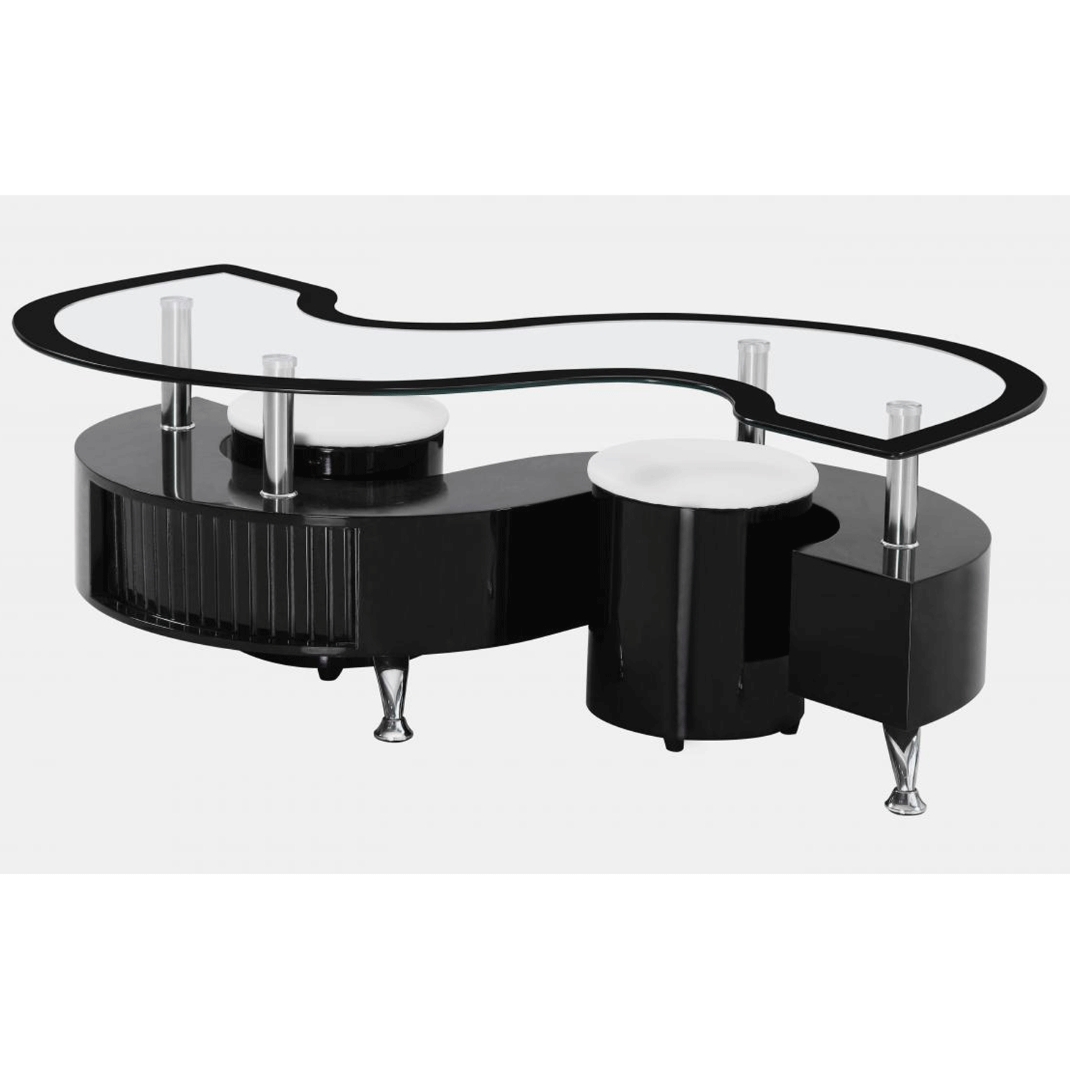 Stoke Black Border Coffee Table with Two Stool Set SStylish High Gloss Drawer and Glass Top