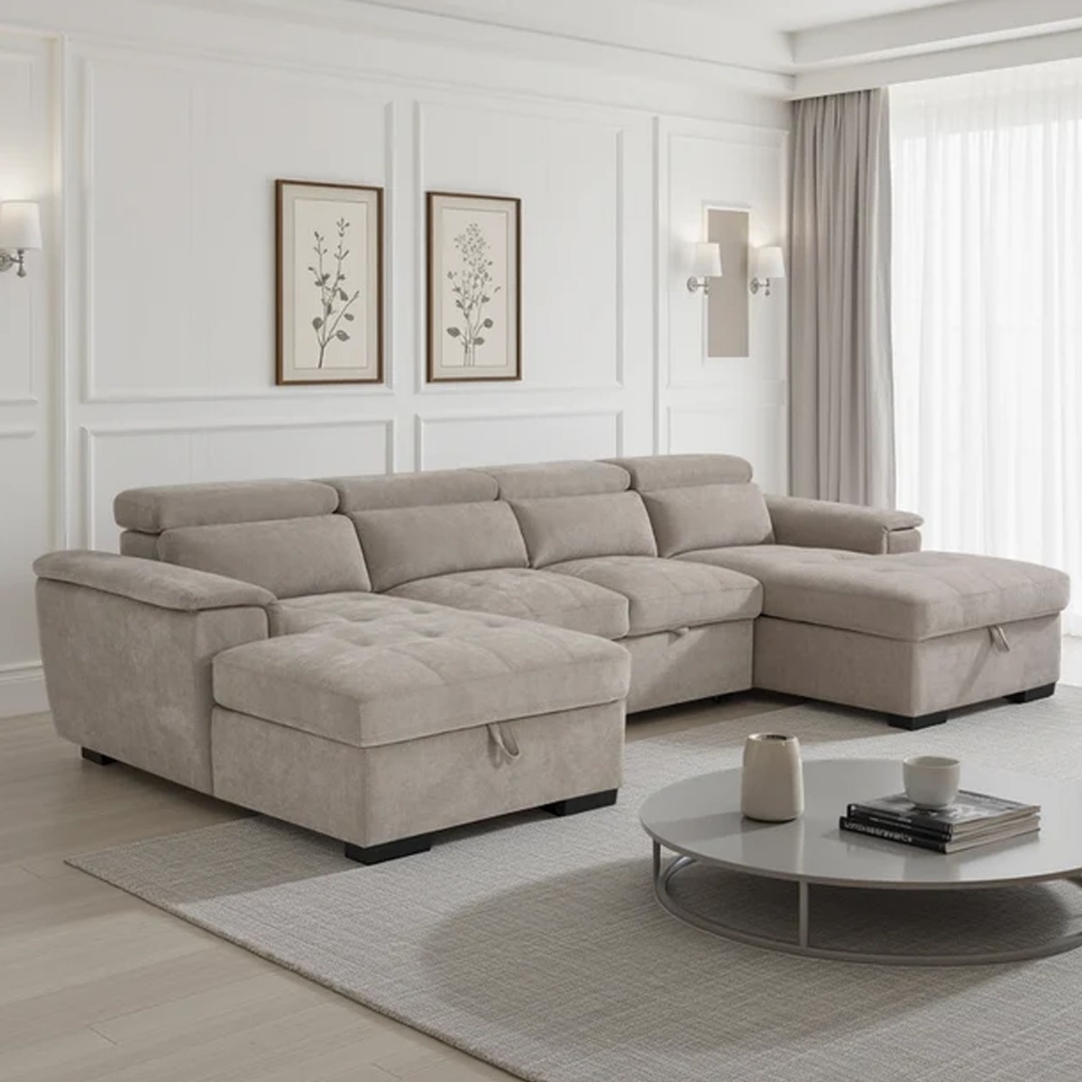 GRACELLO Fabric 6 Seater U Shaped Corner Sofa Bed - Beige