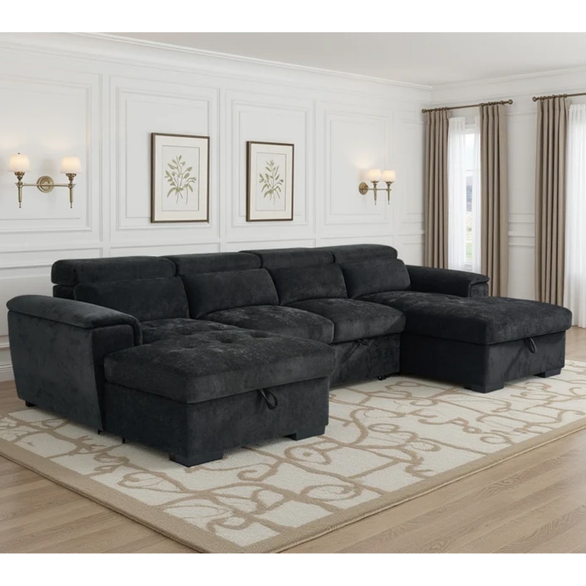 GRACELLO Fabric 6 Seater U Shaped Corner Sofa Bed - Black