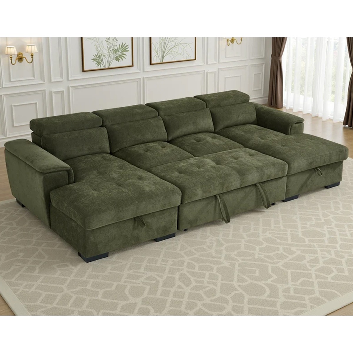 GRACELLO Fabric 6 Seater U Shaped Corner Sofa Bed - Green