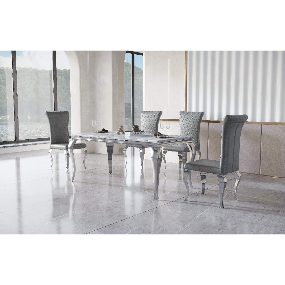 Lesbury Grande Marble Effect Dining Table with Stainless Steel Base - Lacquer Finish