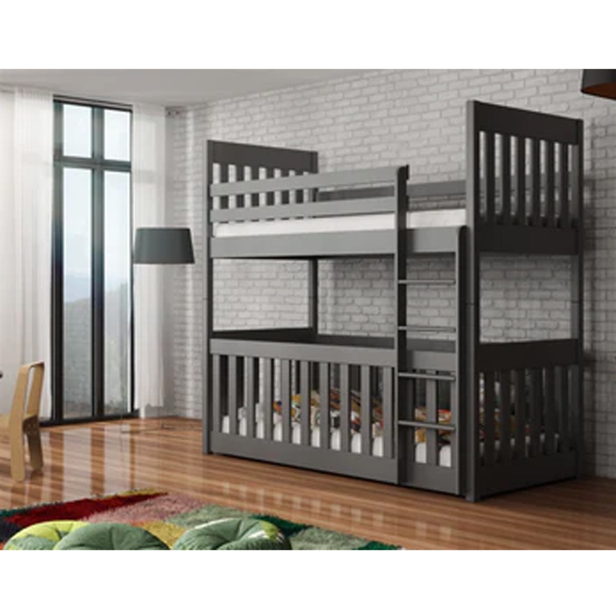 Kristofer Wooden Bunk Bed with Cot Bed and Foam Mattress - Graphite