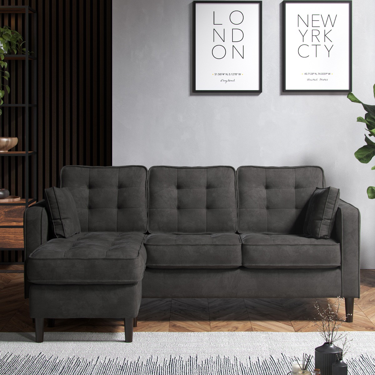 DREXTON Fabric 4 Seater Corner Sofa - L Shaped - Reversible Facing - Graphite
