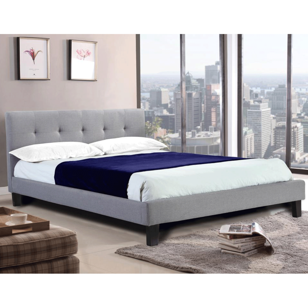 Neath Linen Fabric Bed Frame in Grey with Chesterfield Style Headboard - Double 4ft6