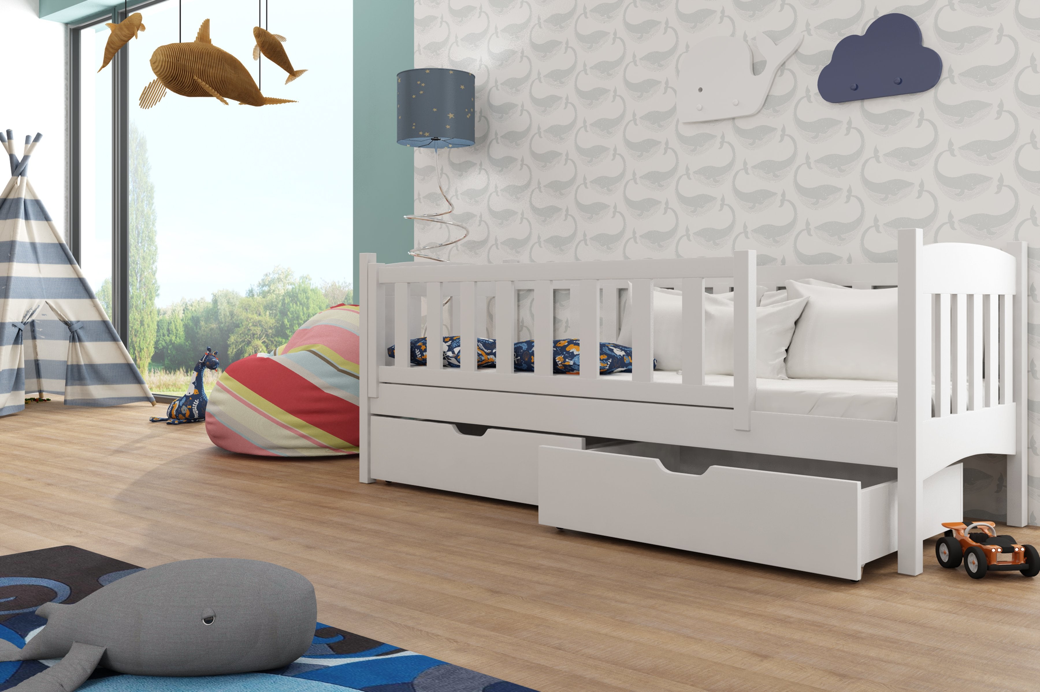 Arman Solid Wooden Single Storage Bed Frame with Foam Mattress - White