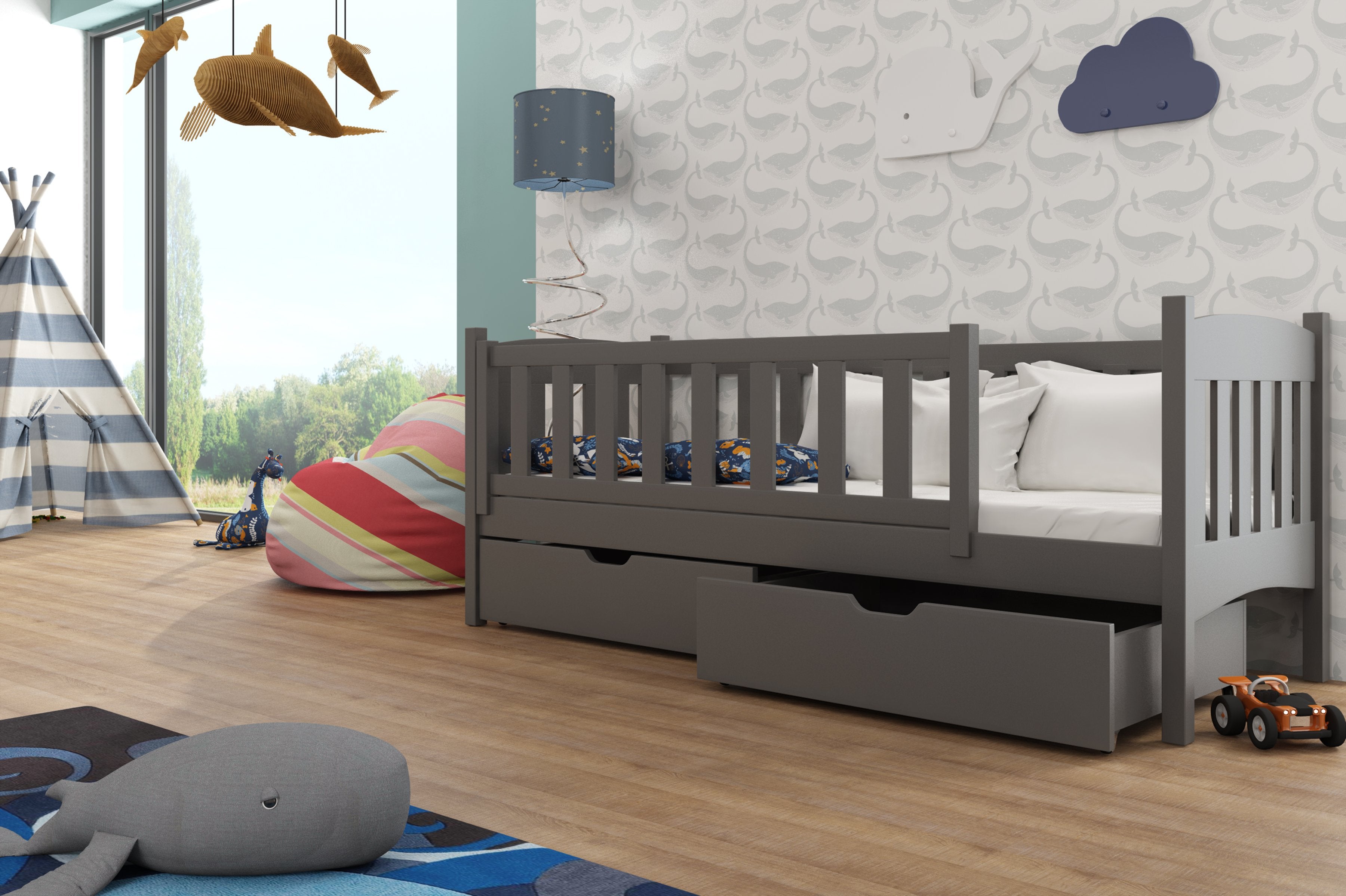 Arman Solid Wooden Single Storage Bed Frame with Foam Mattress - Graphite