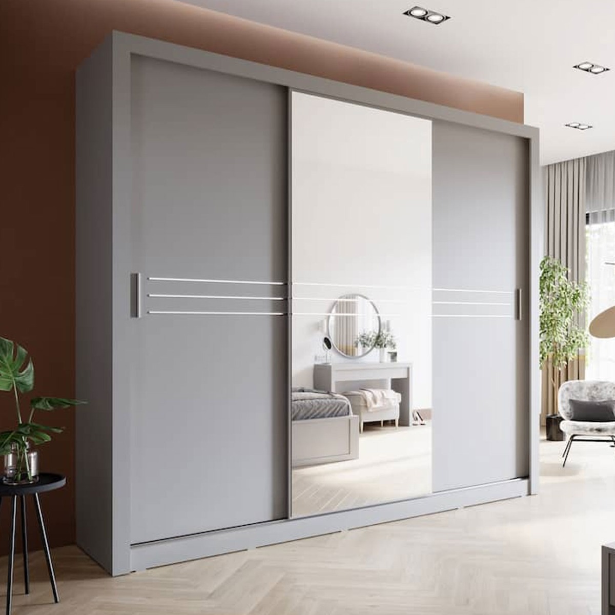 COPENHAGEN 3 Door Mirrored Sliding Wardrobe with 2 Drawers Grey Matt - 250cm