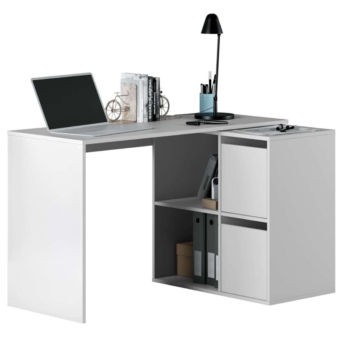White Reversible Computer Desk with Storage and Handy Cupboards